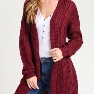 Red knitted cardigan jacket y2k hood core with pockets cute longsleeve indie top